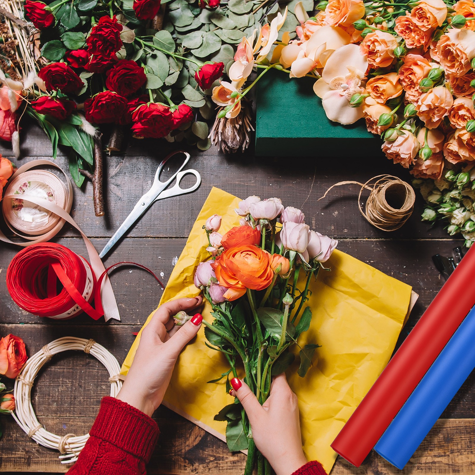 20 Sheets Flower Wrapping Paper, Flower Bouquet Paper, Black