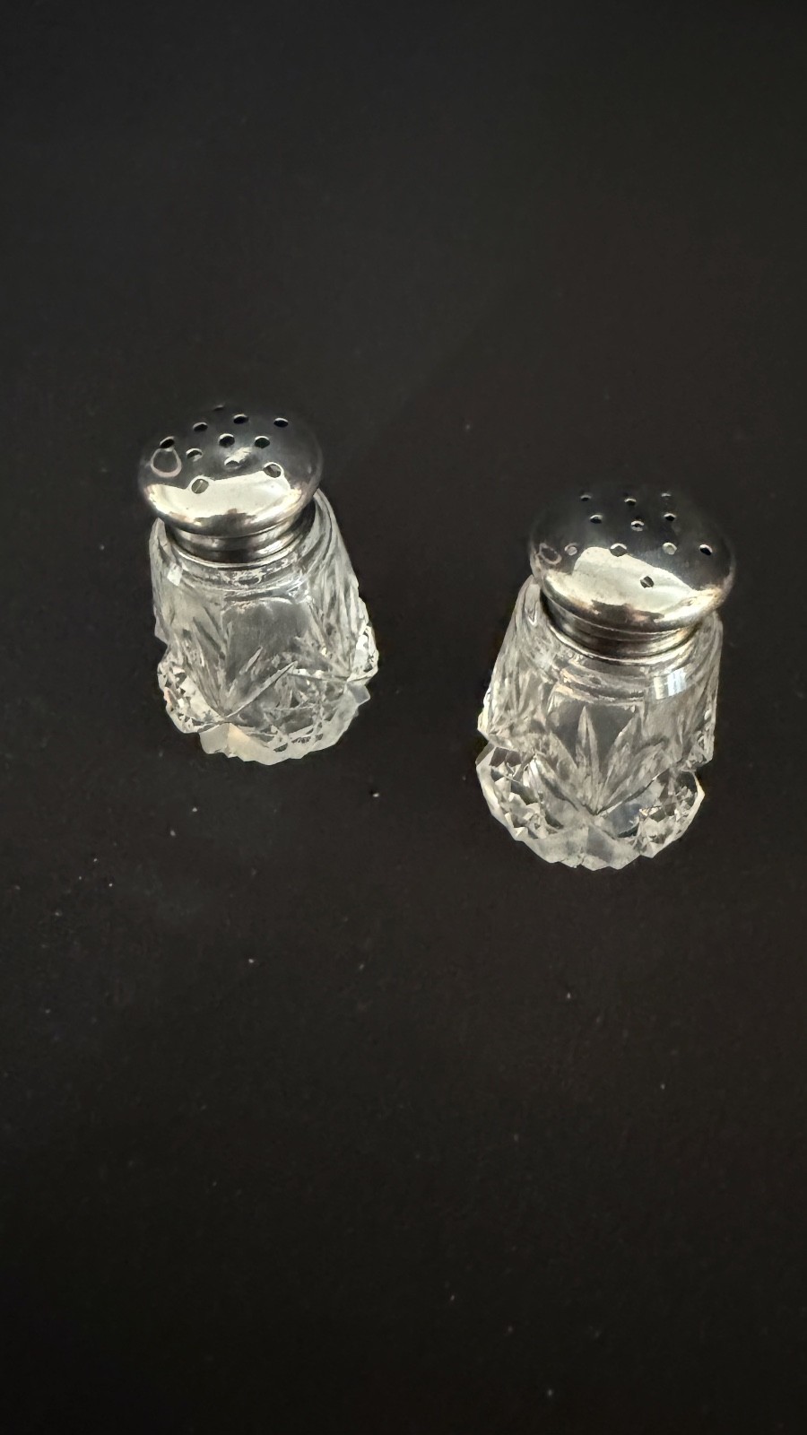 Antique American Brillant Cut Crystal Salt & Pepper Shakers Sterling Lids