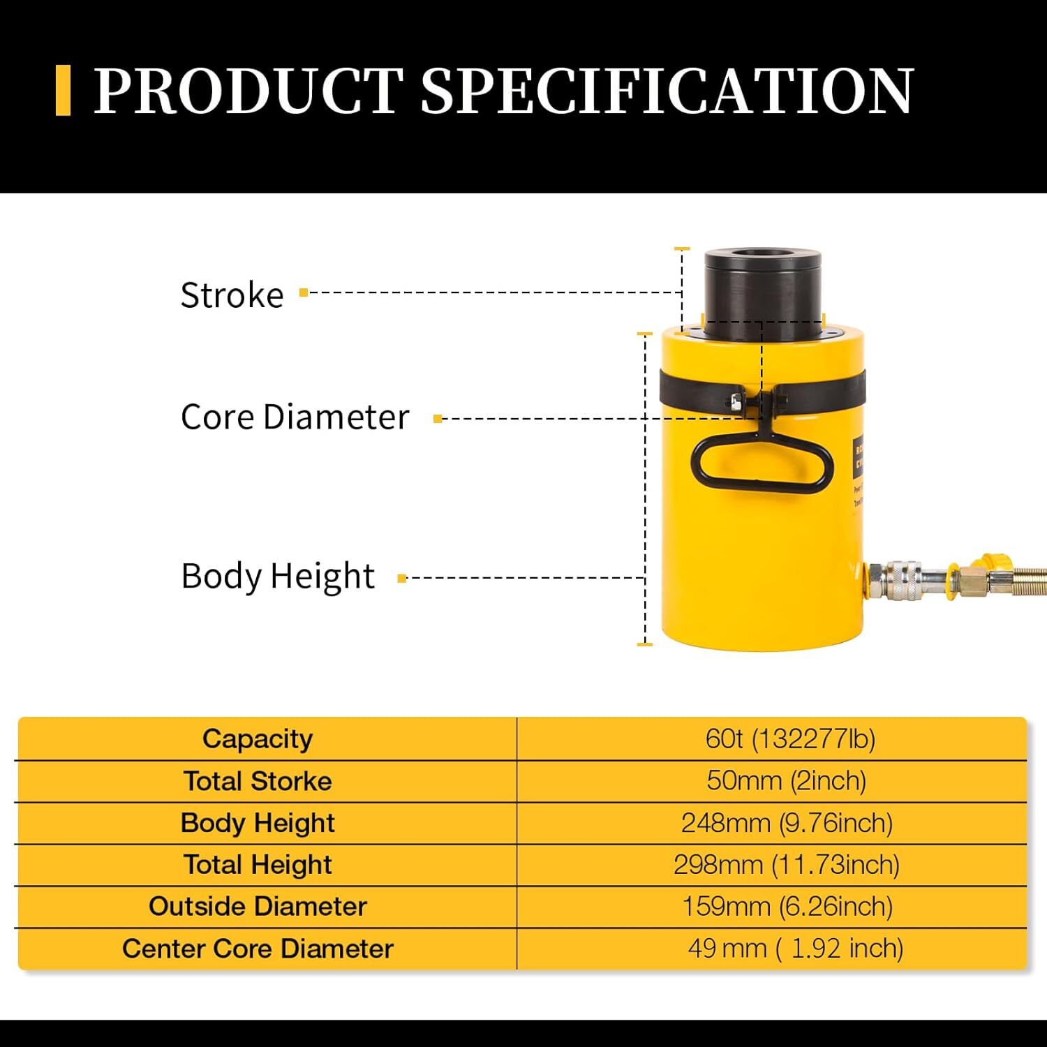 60Ton Single Acting Hydraulic Cylinder 2" Stroke Hollow Jack Ram RCH-6050