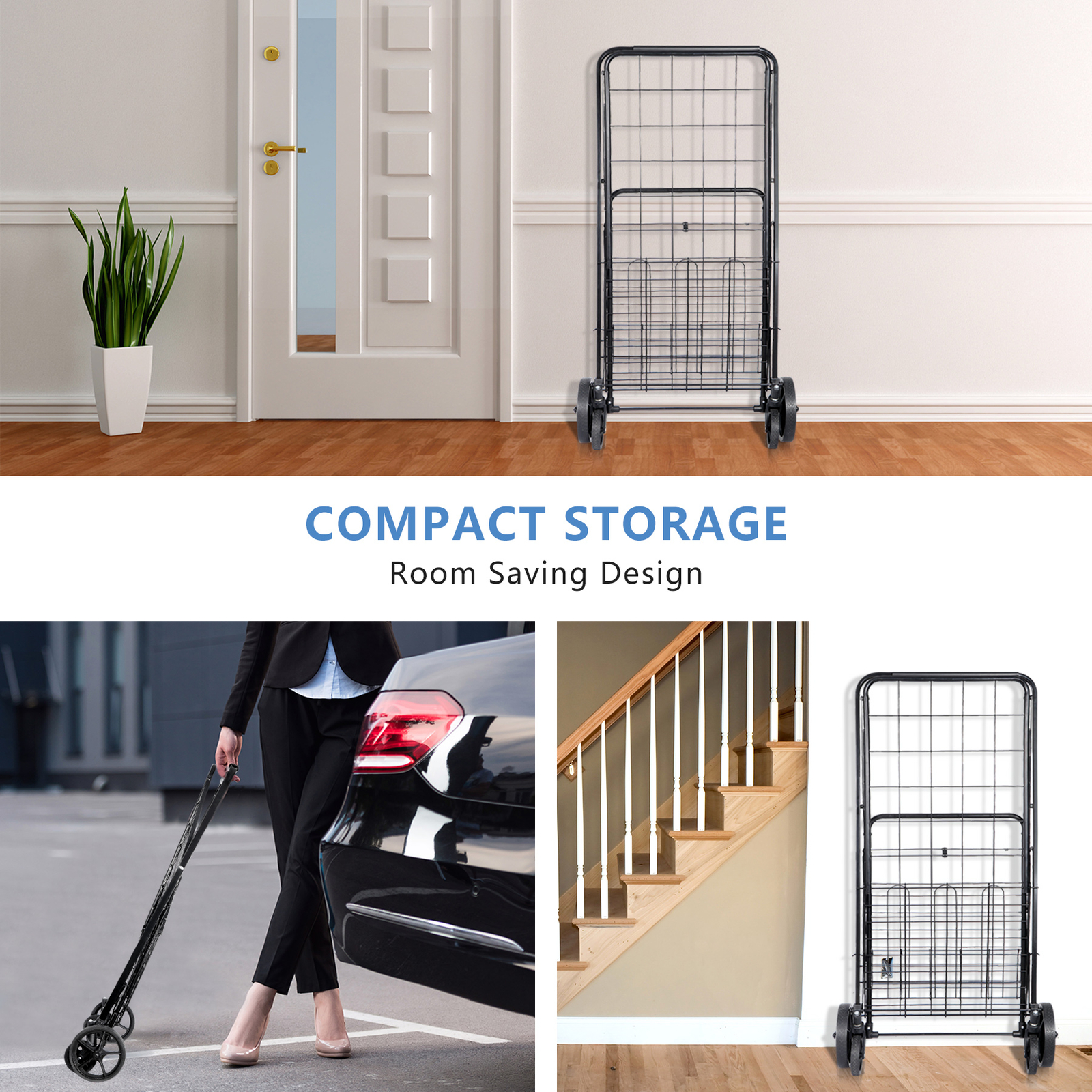 Heavy Duty Folding Shopping Cart Utility Trolley Two Baskets for Grocery Laundry