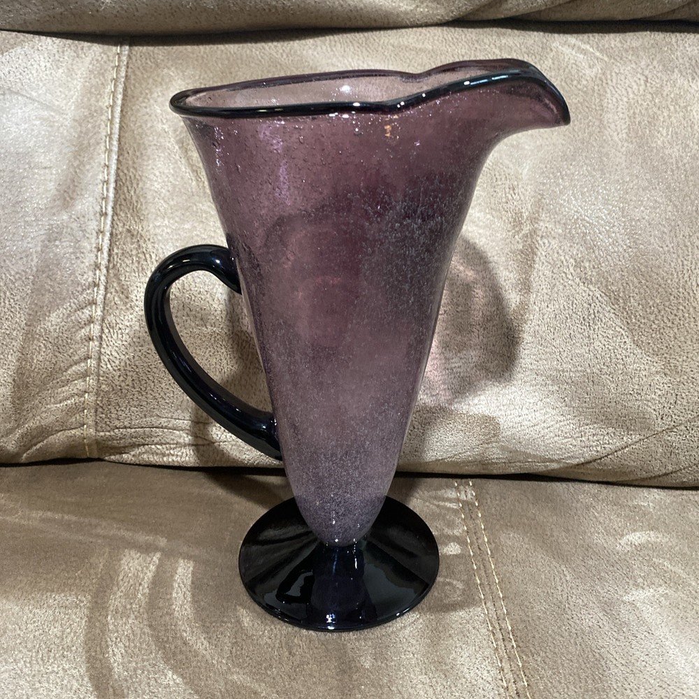 Handblown Controlled Bubble Purple Glass Pitcher with Applied Handle