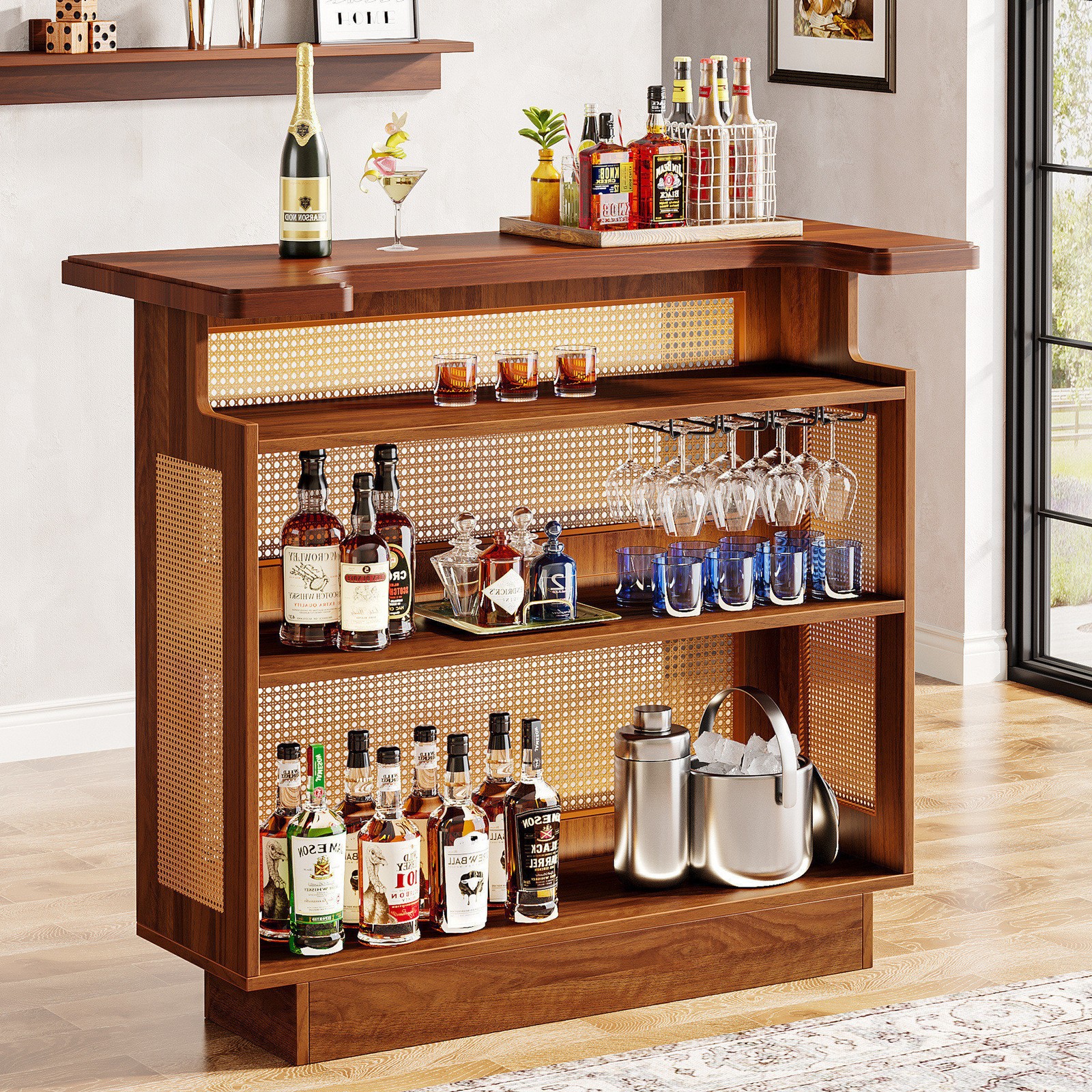 Home Bar Unit, 4-Tier Liquor Bar Table Mini Bar with Wine Racks and Glass Holder