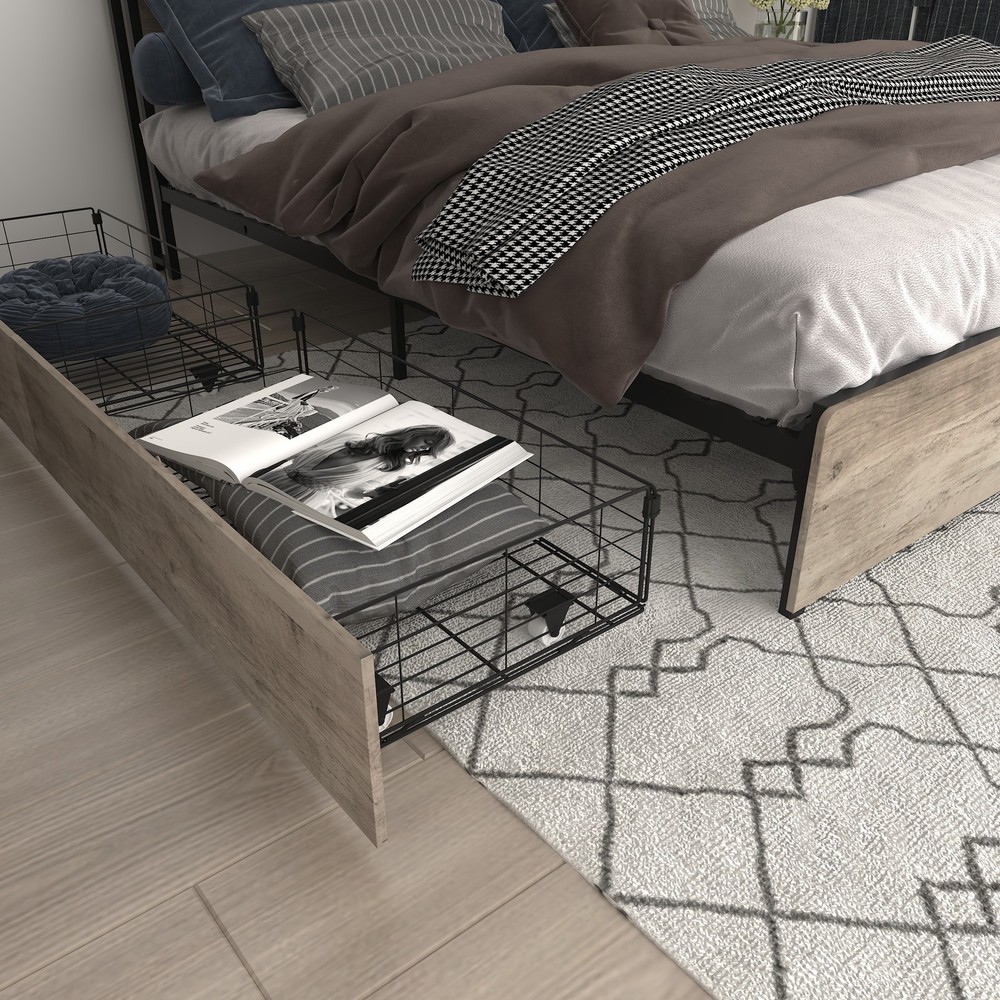Full Bed Frame, Storage Headboard with Charging Station, Solid and Stable,