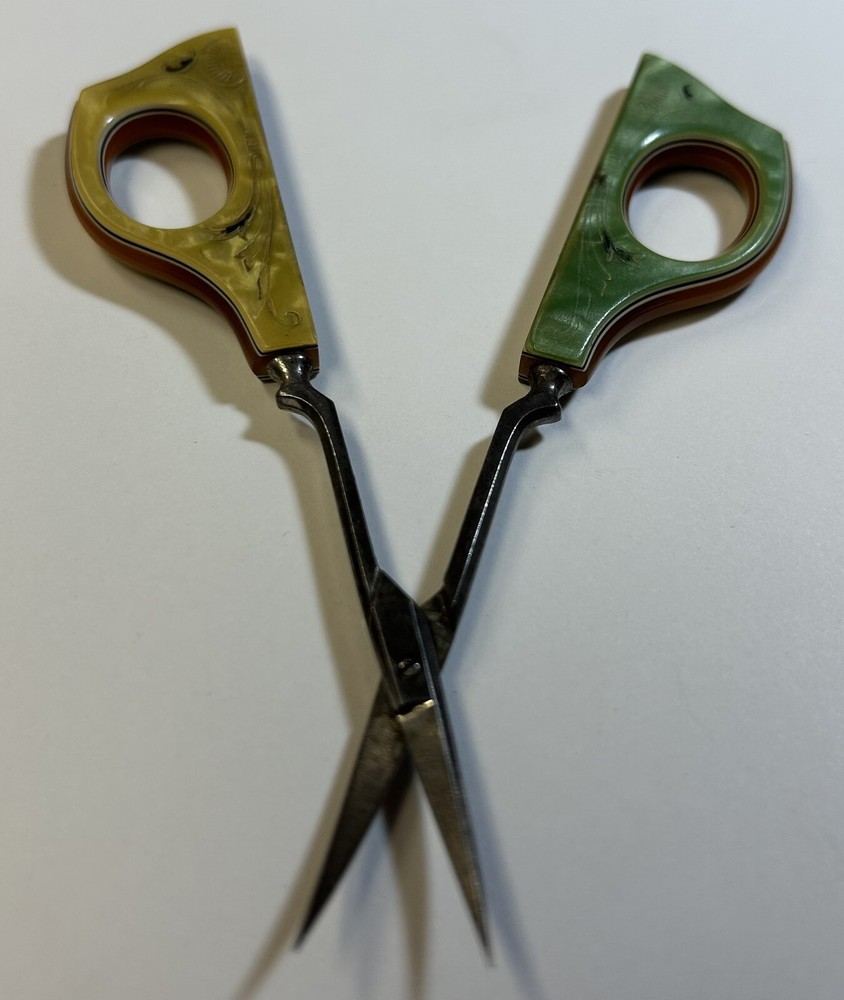 Green & Yellow Celluloid Handle Sewing Scissors, 5” Vintage