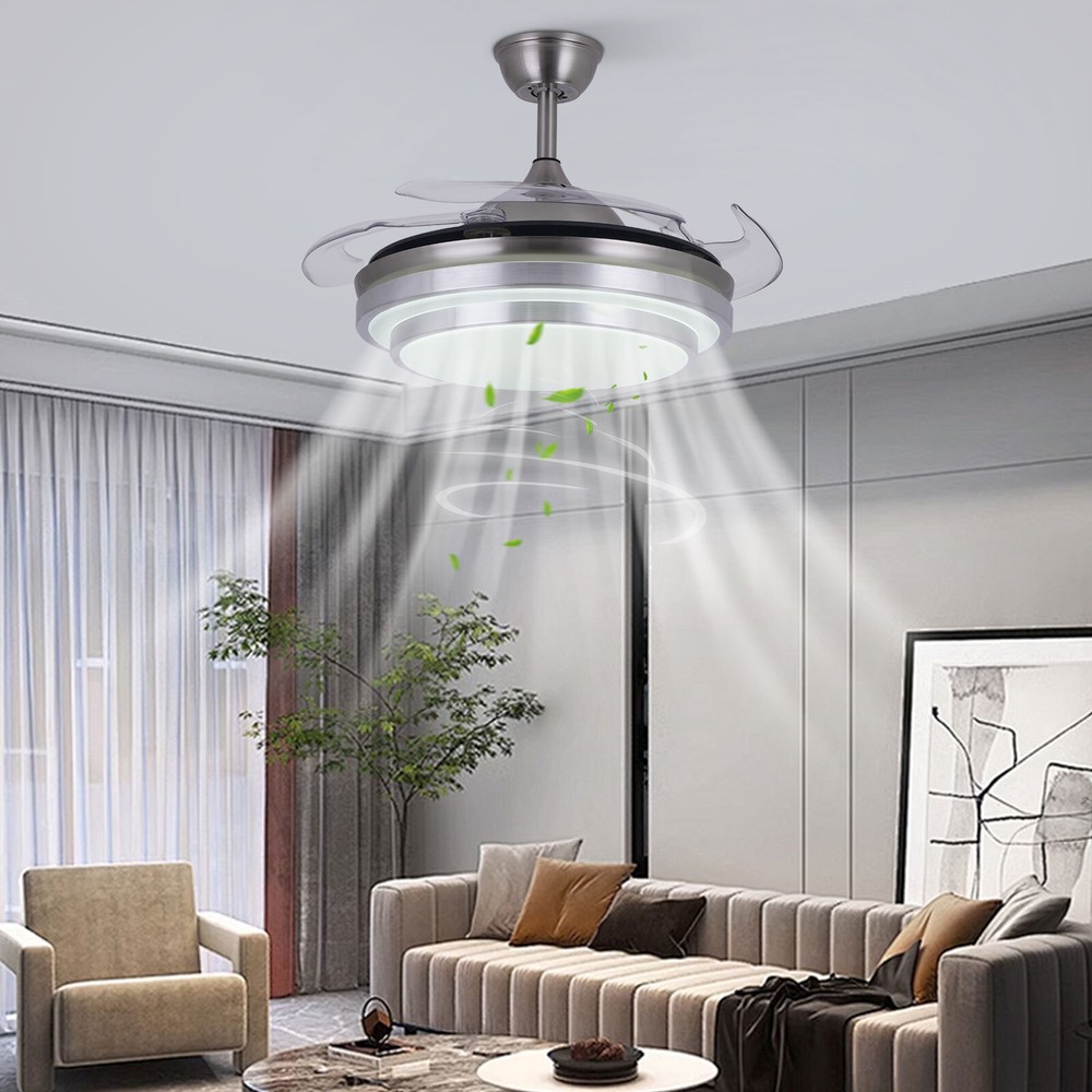 42" Retractable Ceiling Fan Lamp Dimmable LED Chandelier w/ Light Remote Control