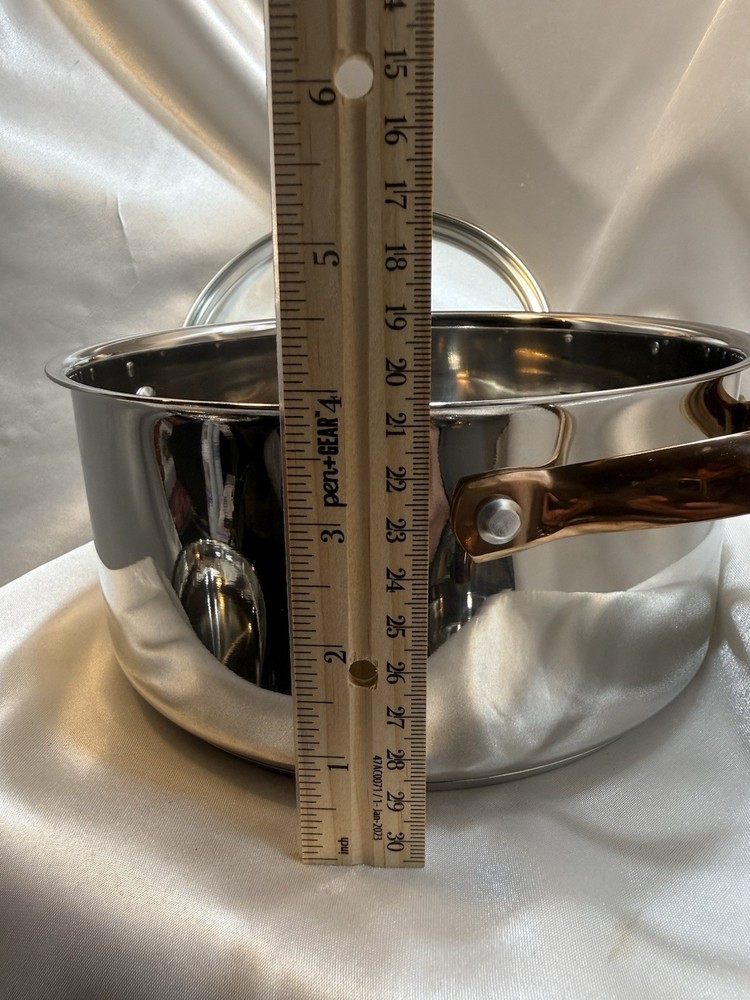 Wolfgang Puck 6 PC Stainless Cookware Set Copper Handles, Knobs Glass Lids