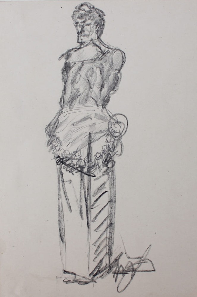 19th Century Pencil Drawing Study Statue