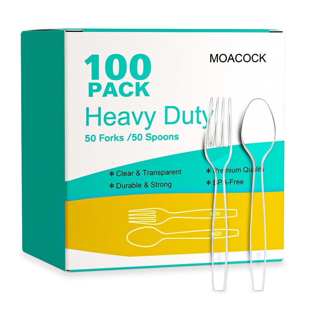 MOACOCK 100 Count Plastic Silverware, Heavy Weight Forks L, Clear