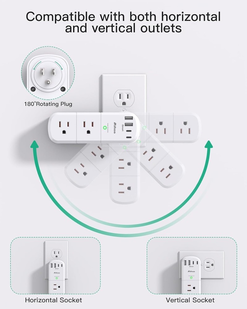 Compact Surge Protector Power Strip with Rotating Plug and 10-in-1 Functionality