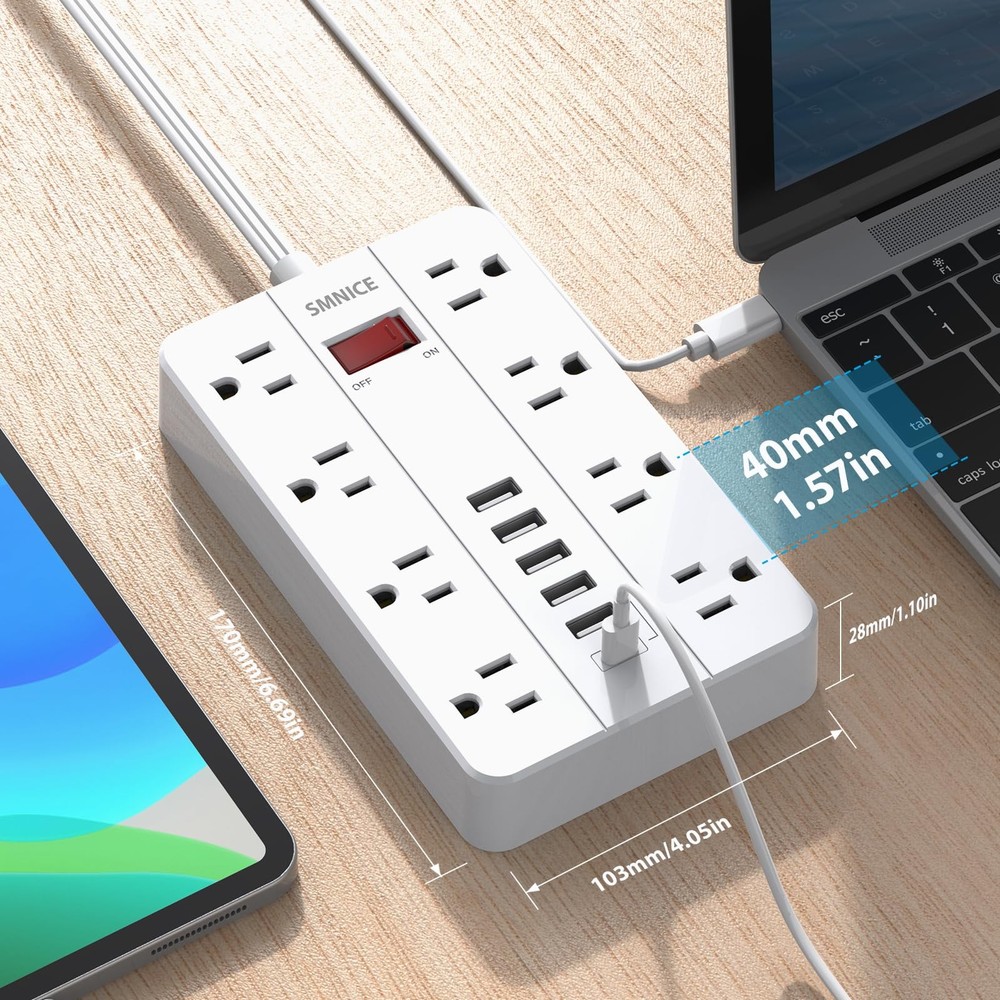 SMNICE Power Strip with USB,Surge Protector Flat Plug 8 5FT, White