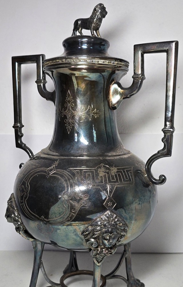 Exceptional Silverplate Coffee Server with Standing Figural Lion Top