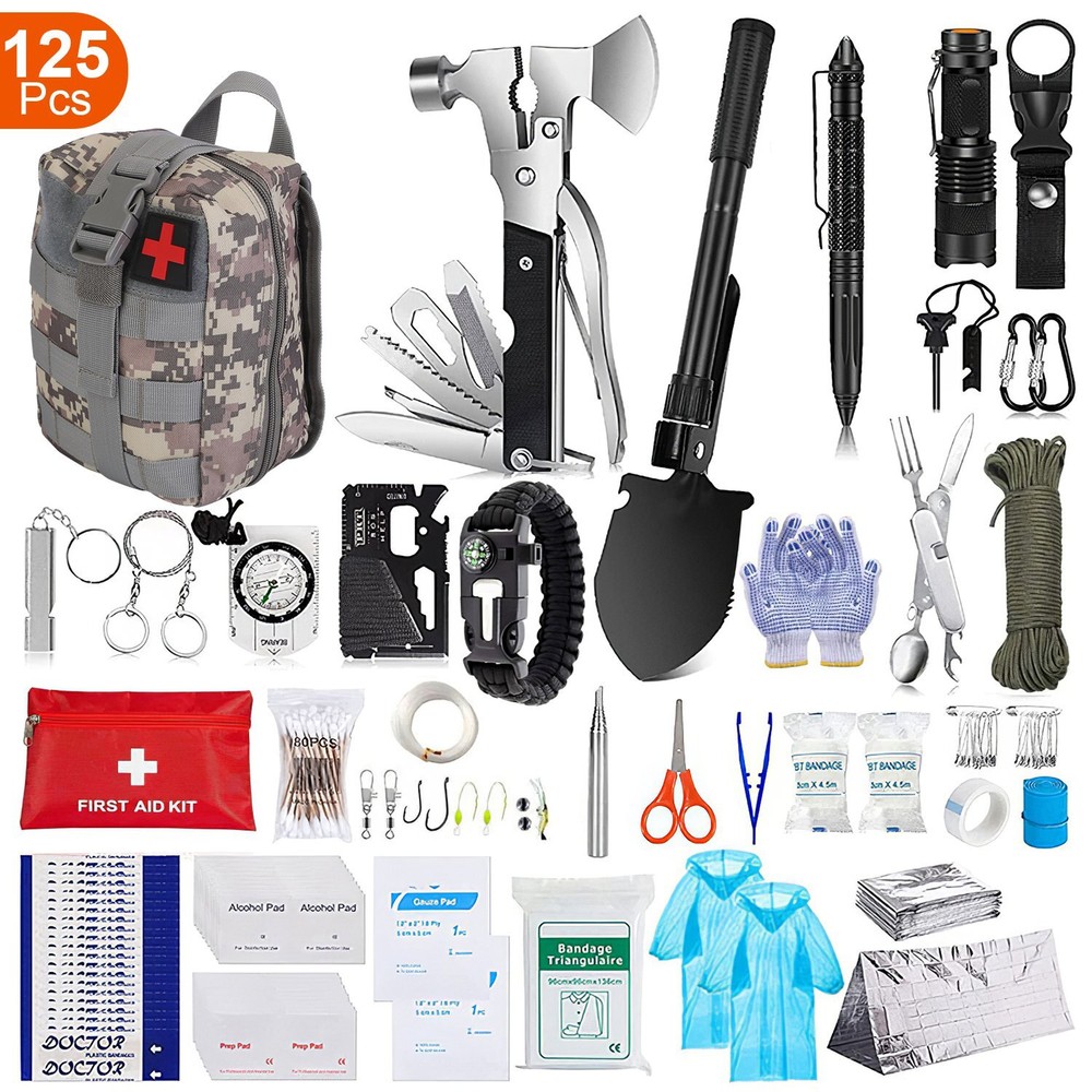 125Pcs Emergency Survival First Aid Military Flashlight Kit with Backpack Tools