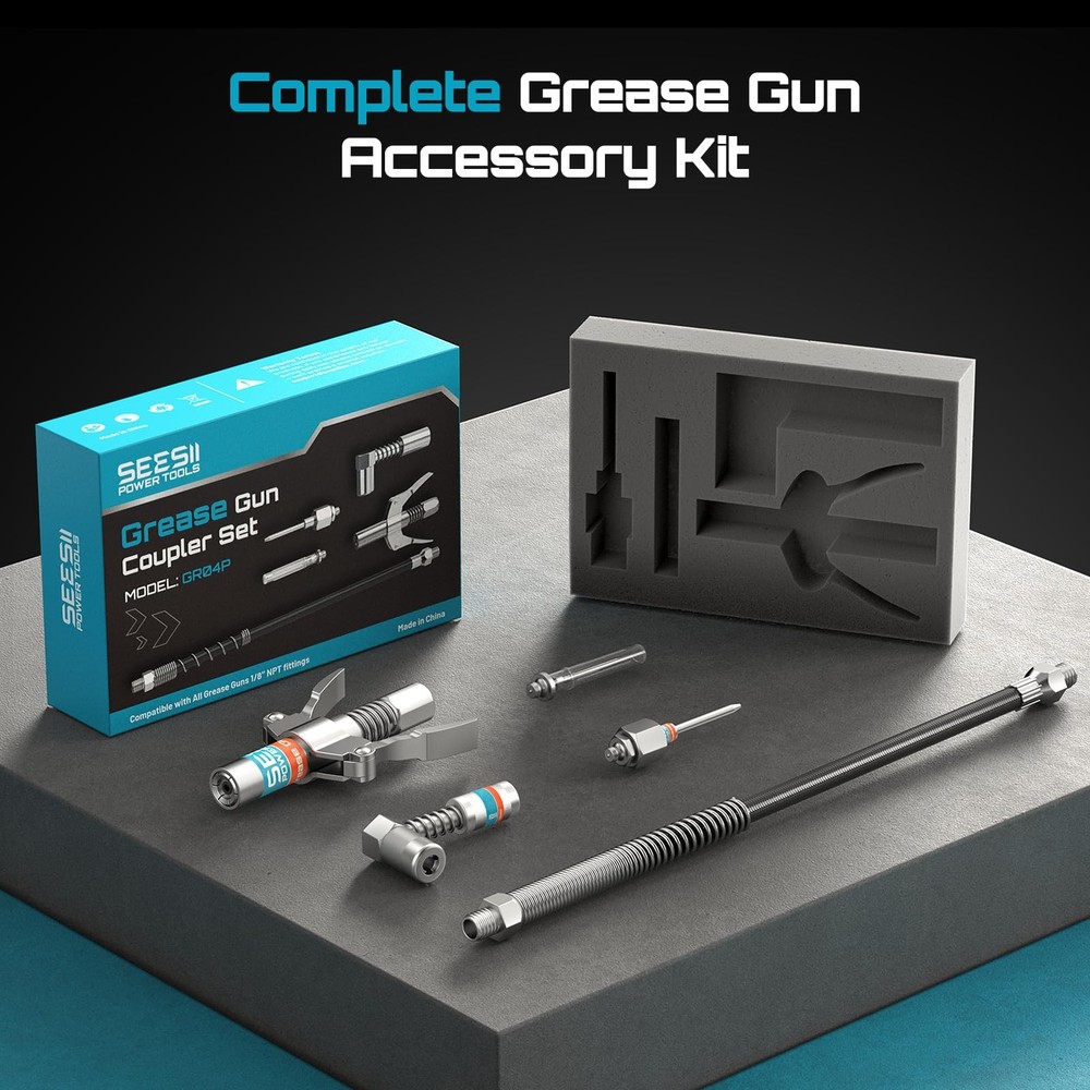 Seesii Grease Gun Accessory Kit, Standard Kit (with Needle Tips), silver
