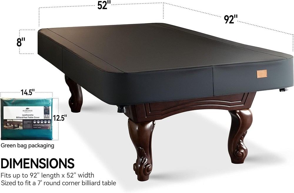 Durable Black Leatherette Pool Table Cover with Adjustable Drawstring – 8FT Size