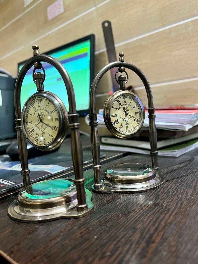 2 Pcs Nautical Brass Small Table Desk Clock with Roman Numerals and Compass Base