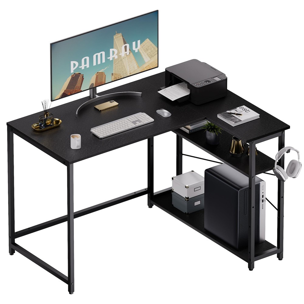 43 Inch L Shaped Computer Desk with Reversible Side Storage Shelves, Small Co...