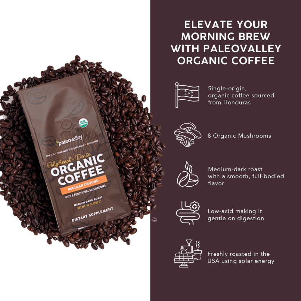 Organic Ground Coffee, 10oz - Regular, Low Acid, Single-Origin, Polyphenol-Rich,