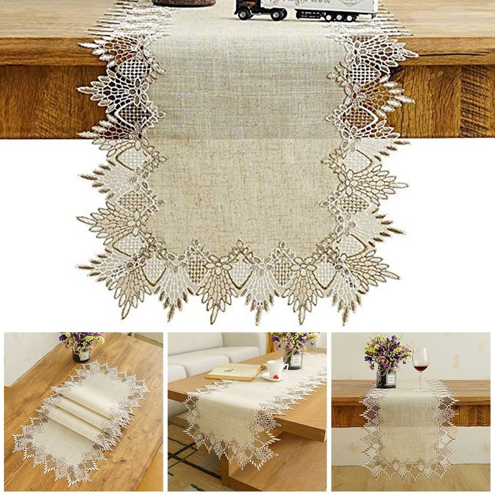 Rustic Embroidered Floral Linen Table Runner Cloth for Dressing Tables