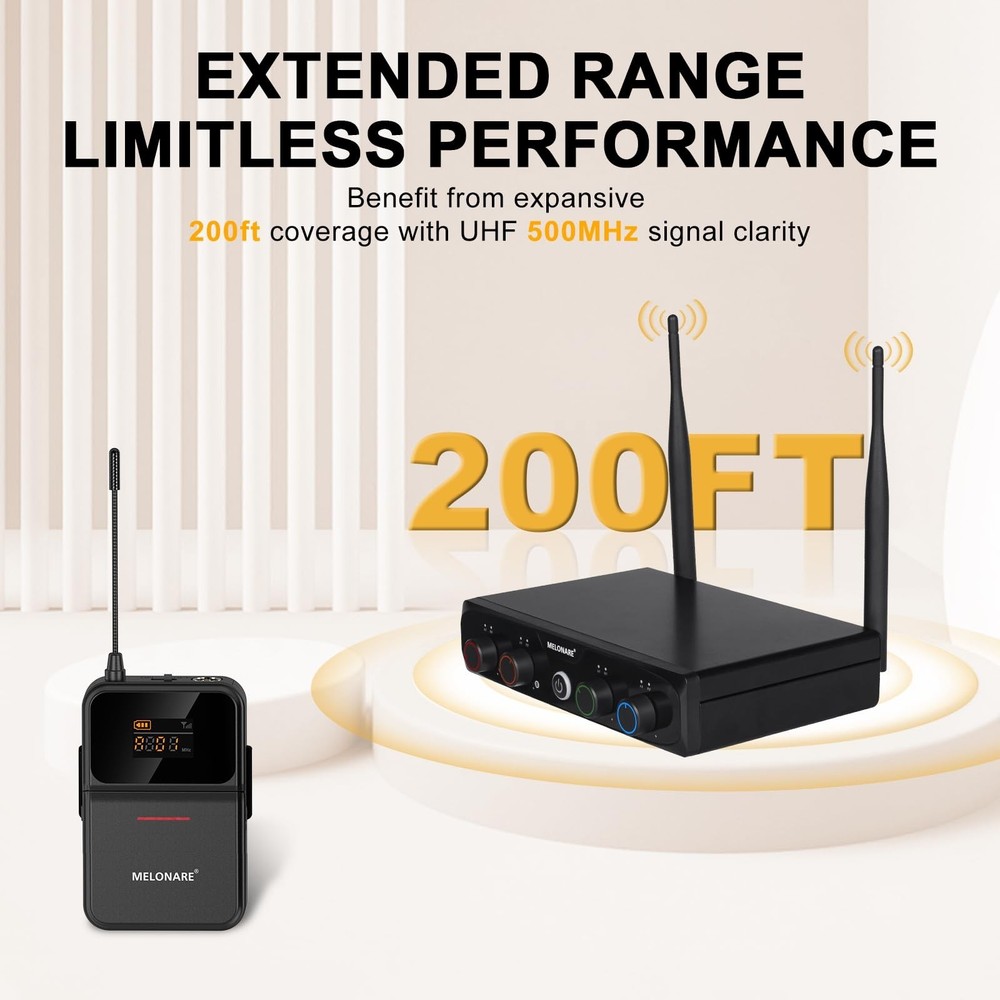 MELONARE 4-Channel Wireless Microphone System,UHF Compact Cordless Mic Set w/...