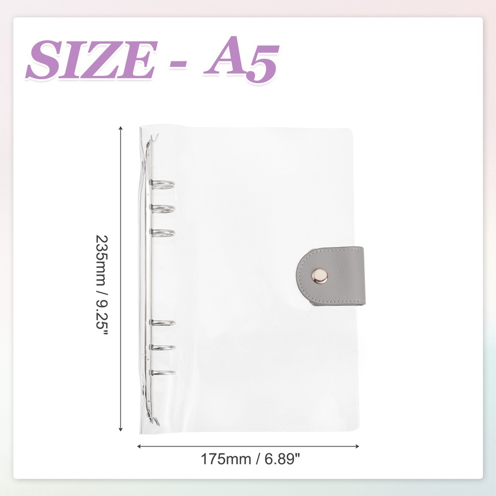 A5 Clear Notebook Binder, 6-Ring Refillable Planner Cover Binder, Gray