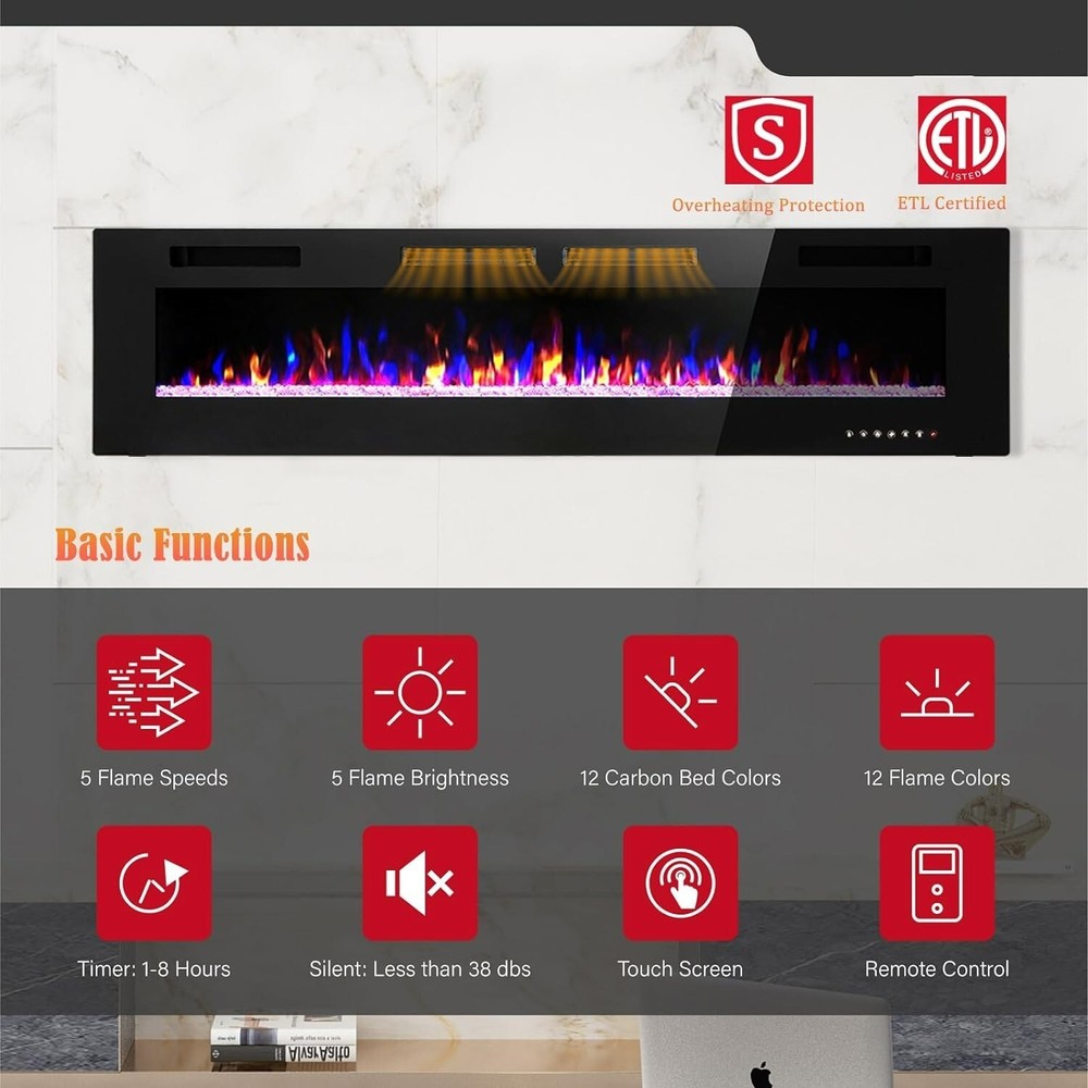 72 inch Electric Fireplace Recessed & Wall-Mounted Heater Timer Adjustable Flame