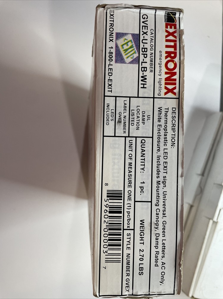 EXITRONIX EXIT LIGHT EMERGENSEE LIGHTING GVEX-U-BP-WH LED GREEN