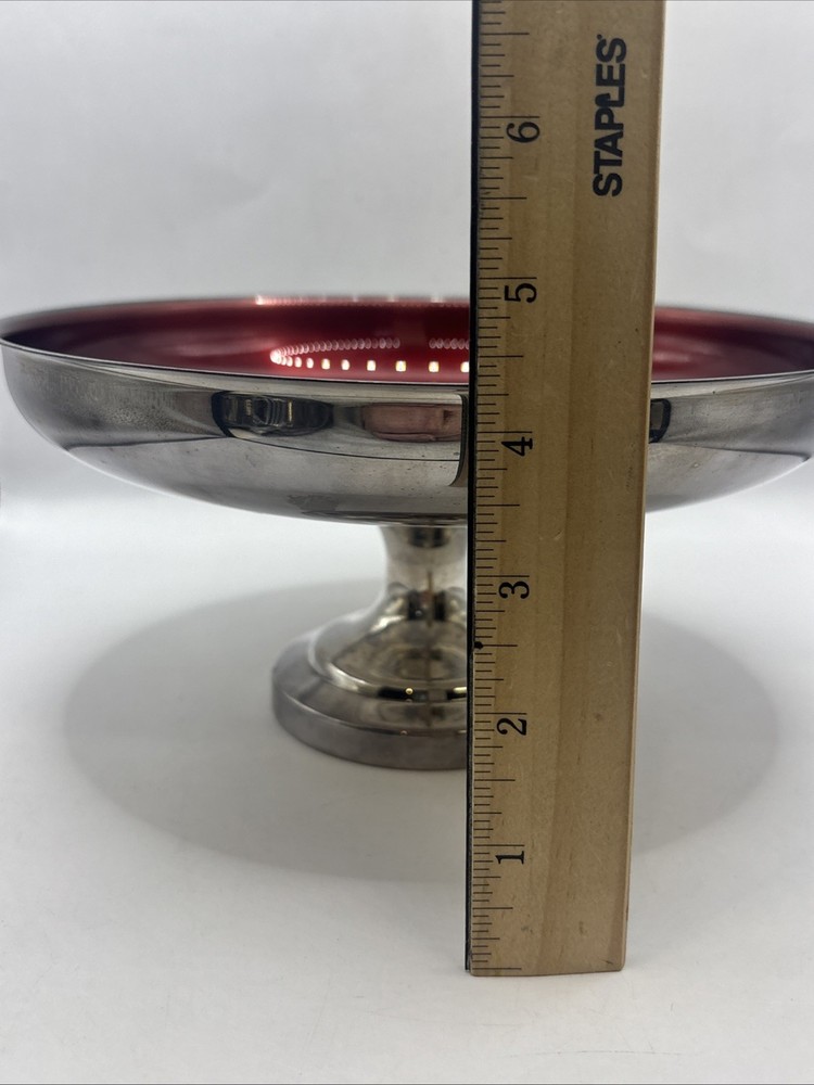 VTG Oneida Silversmith Cherry Ruby Red Enamel Pedestal Serving Bowl 1960s 9”