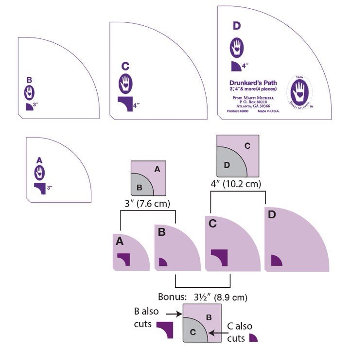 Marti Michell Perfect Patchwork Templates 'Drunkard's Path' Set #8960 4 Piece