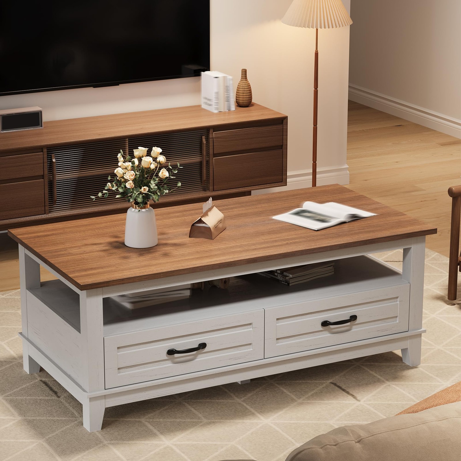 GRAVEE 47" Farmhouse Coffee Table with 2 Drawers Wood Center Storage Shelf