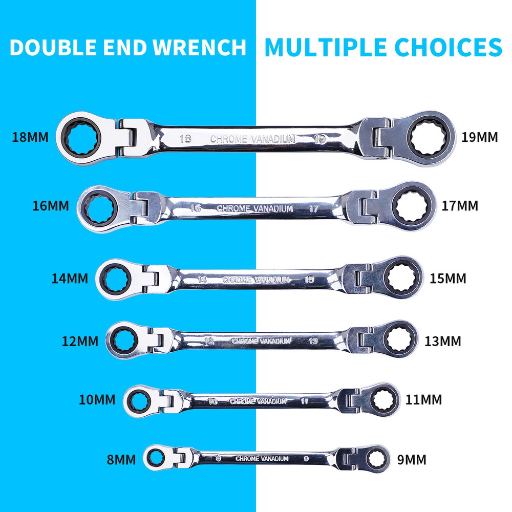 6Pc Double Box End Ratcheting Wrench Flex-Head Extra Long Heavy Duty Spanner Set