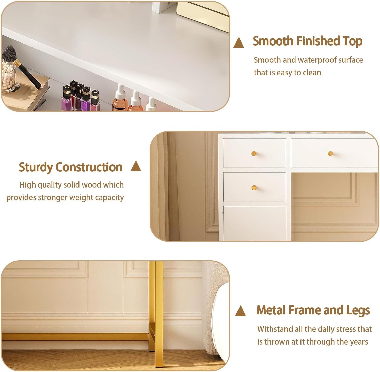 White Vanity Desk w LED Mirror, Makeup Table with Lights, Power Outlet & Storage