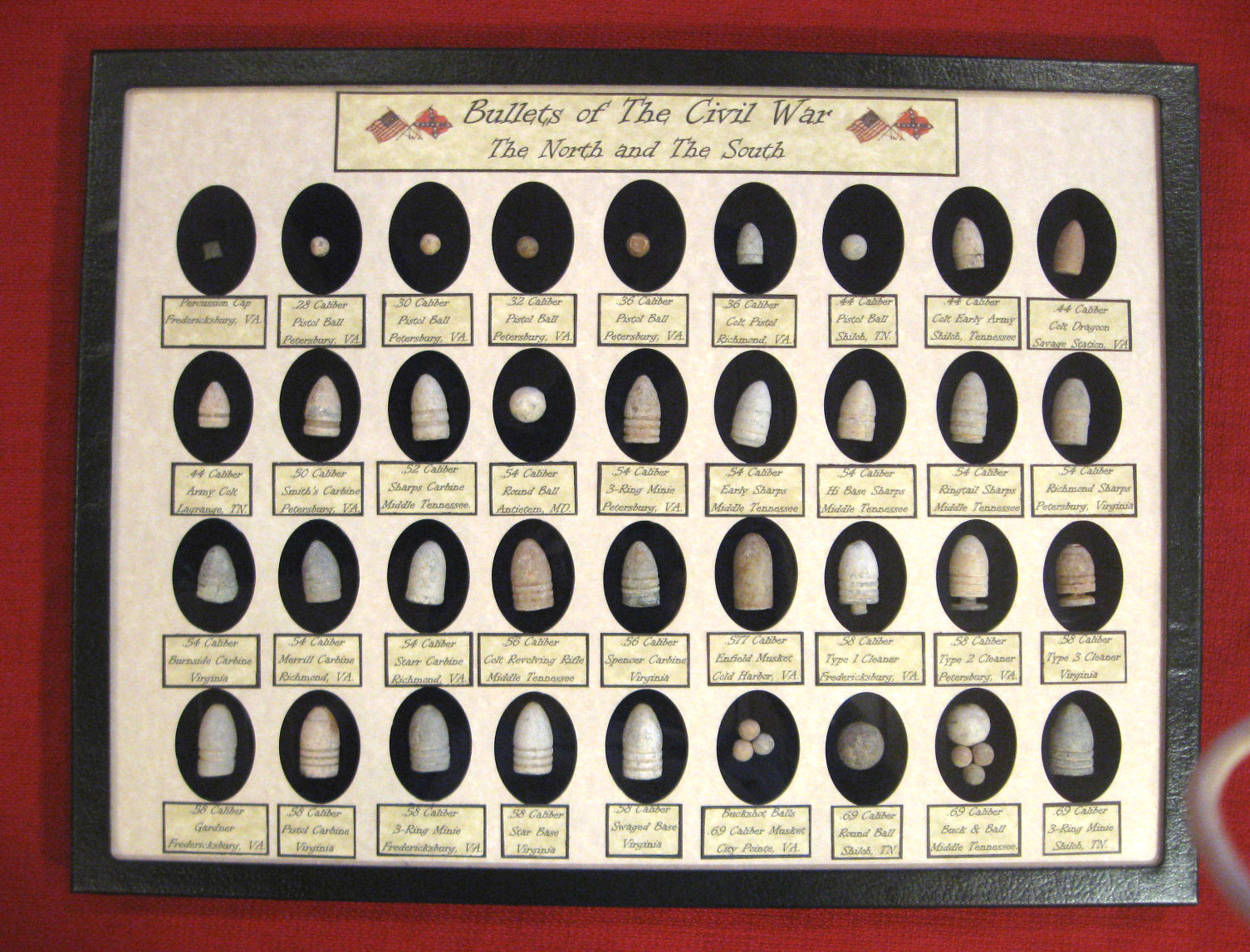 Civil War Relics 36 Authentic Bullets in Matted Display Case with COA