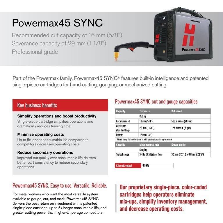 Hypertherm Powermax 45 SYNC Plasma Cutter with 20ft Hand Torch (088560)