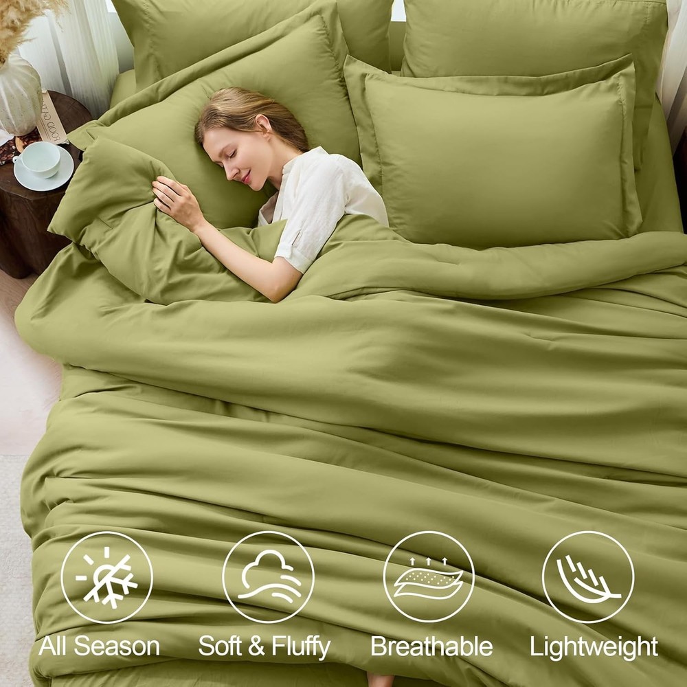 Olive Green 7-Piece Queen Size Comforter Set, Soft Bedding, Machine Washable