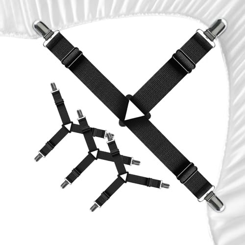 Bed Sheet Straps – 4 Pack Adjustable Sheet Holder Clips 4 Pcs (Triangle) Black