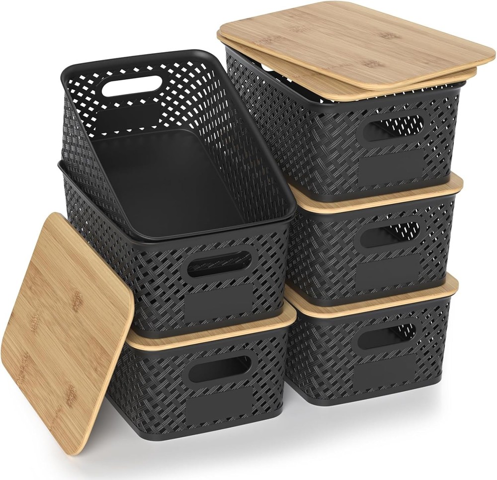 6 Pack Plastic Storage Bins W/ Bamboo Lids Stackable Small Box Baskets Container