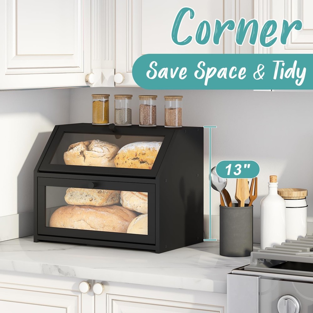 Black Bread Box for Kitchen Counter, Large Bread Storage Container, Double La...