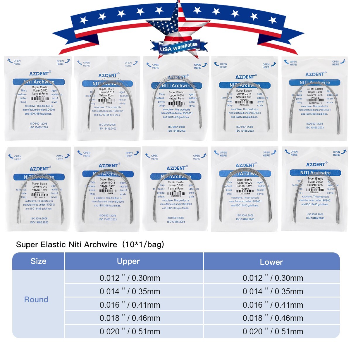 AZDENT Dental Ortho Metal Braces Brackets Mini Roth.022 Hook345/Arch Wire Nature