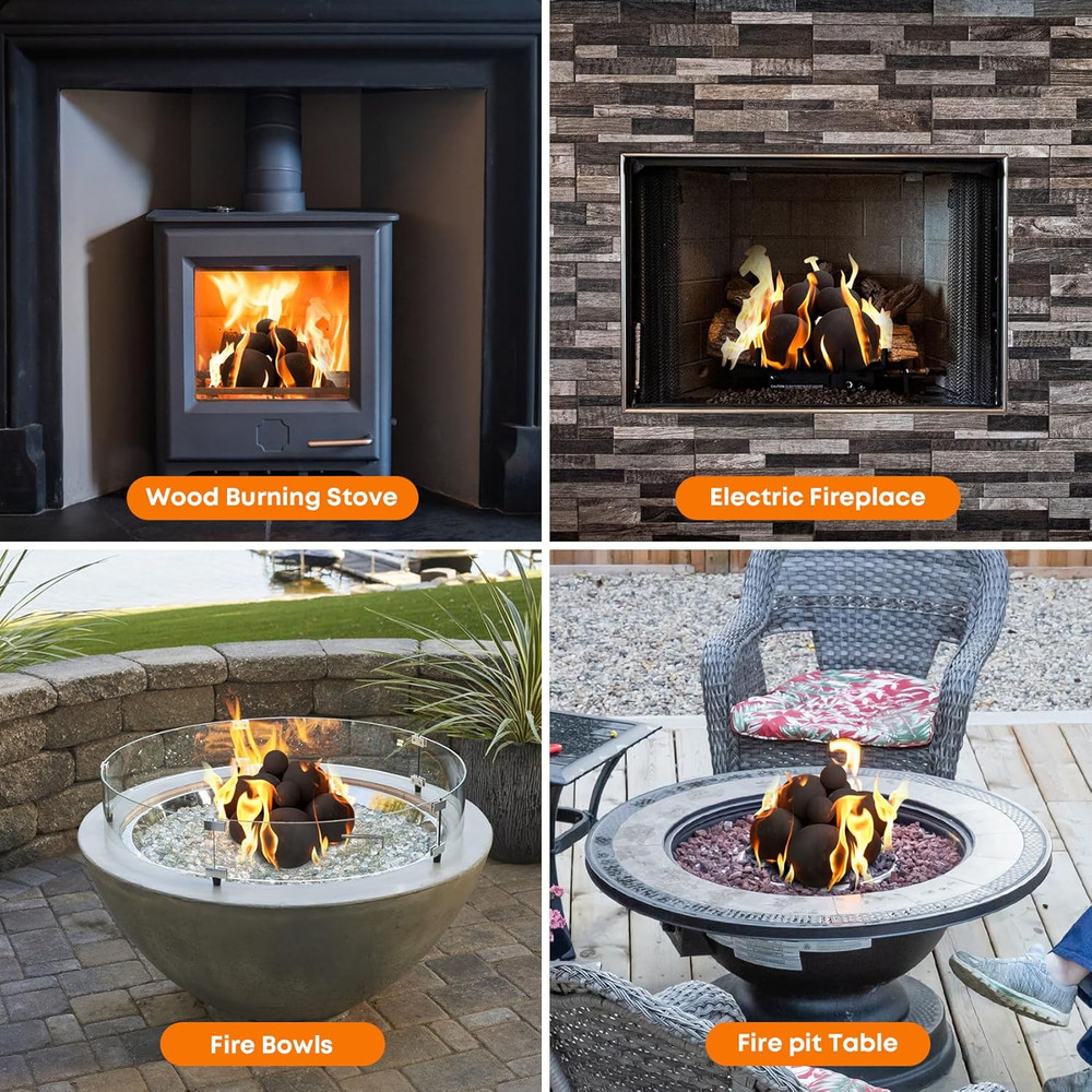 12 Pack Ceramic Fire Balls - Modern Black Decor for Fire Pits & Fireplaces