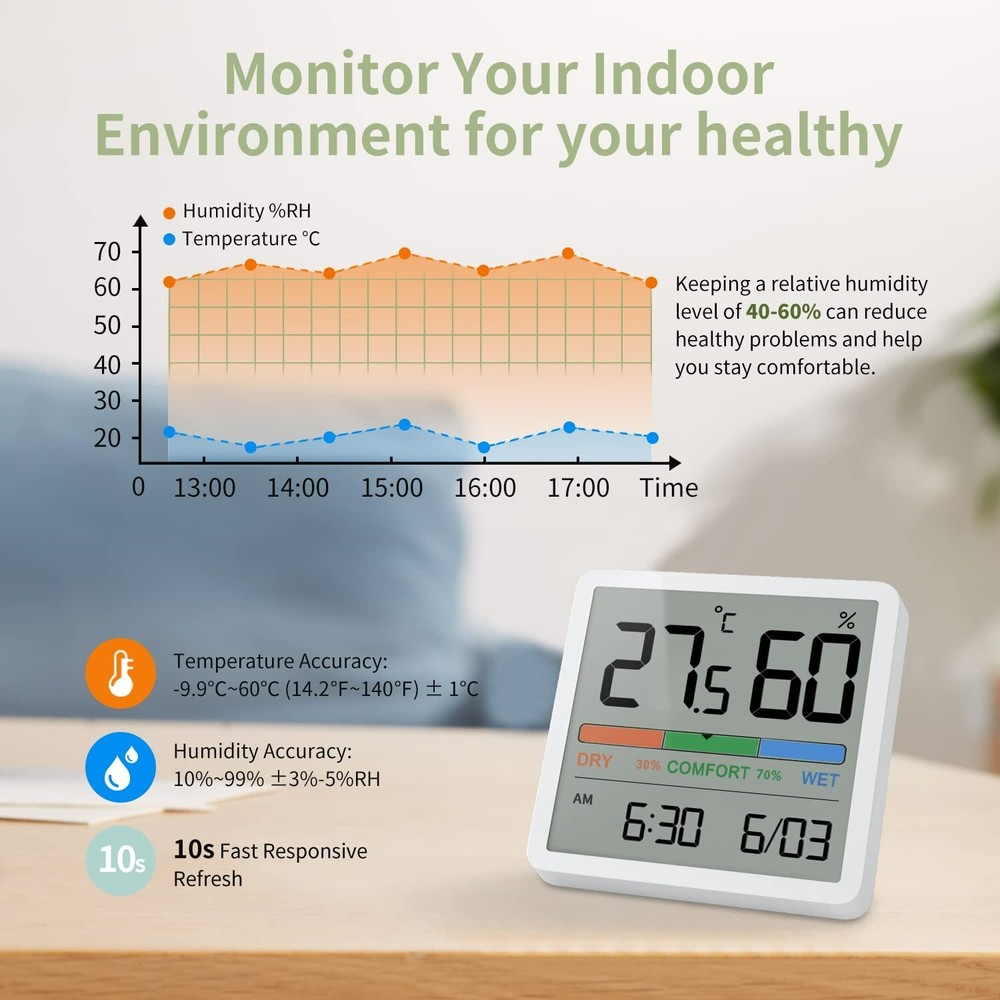 THERMOMETER HYGROMETER DIGITAL CLOCK ROOM TEMPERATURE HOME OFFICE
