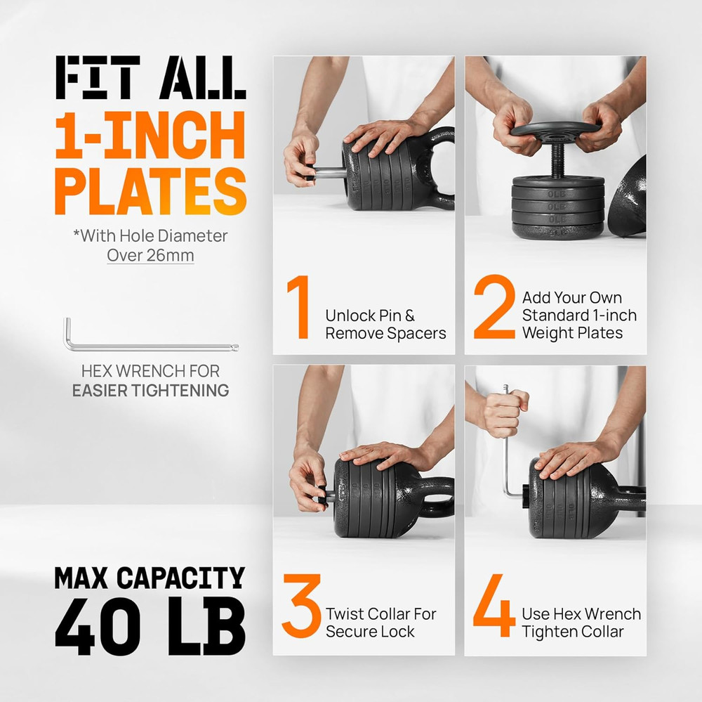 Adjustable Kettlebell Set, 20–40 LB Weight Set, Solid Cast Iron Handle with Spac
