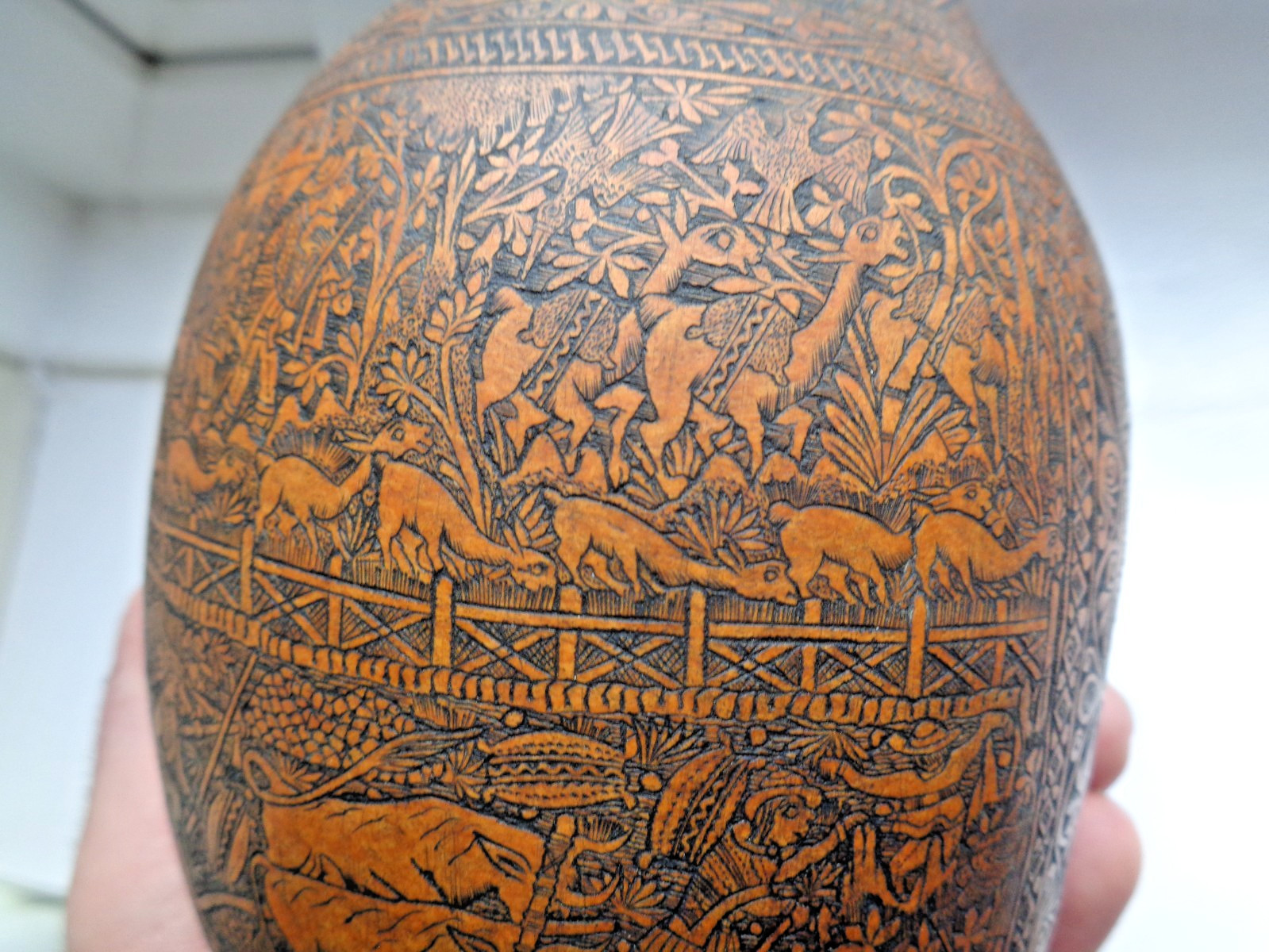 ANTIQUE SOUTH AMERICAN FOLK ART CARVED GOURD BULL FIGHTER, CHURCH, FARMER, LLAMA