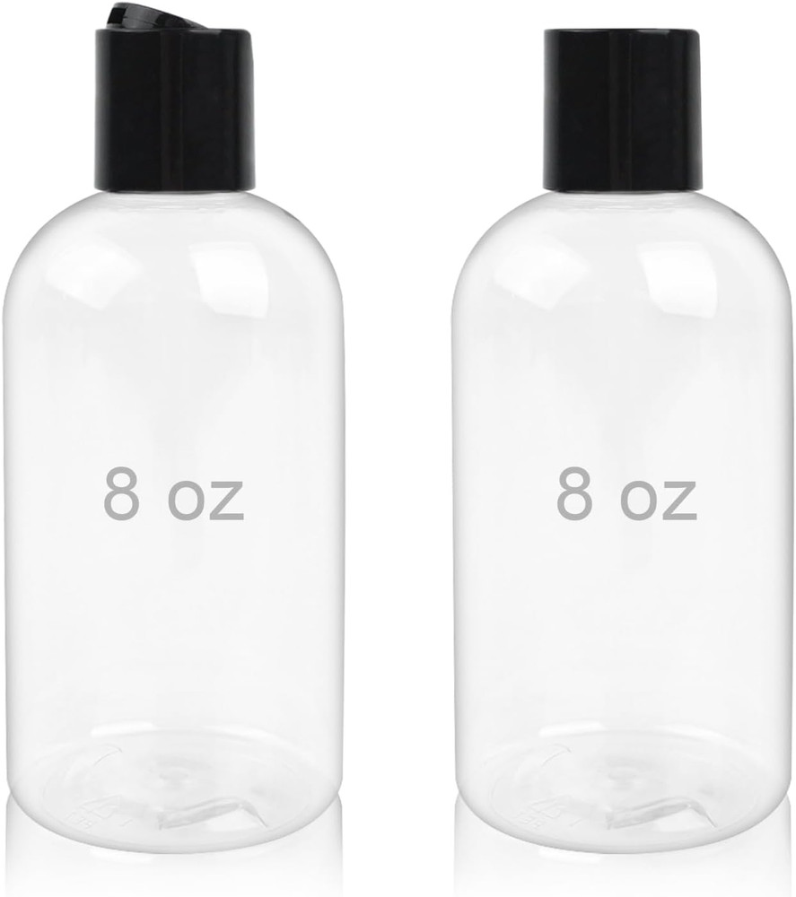 2 Pack 8 oz Empty Plastic Bottles with Black Disc Caps Reusable Clear Leak-Proof