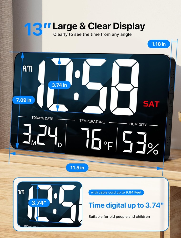 MASHI Digital Clock,13" Large Display Digital Wall Clock, Adjustable Brightne...