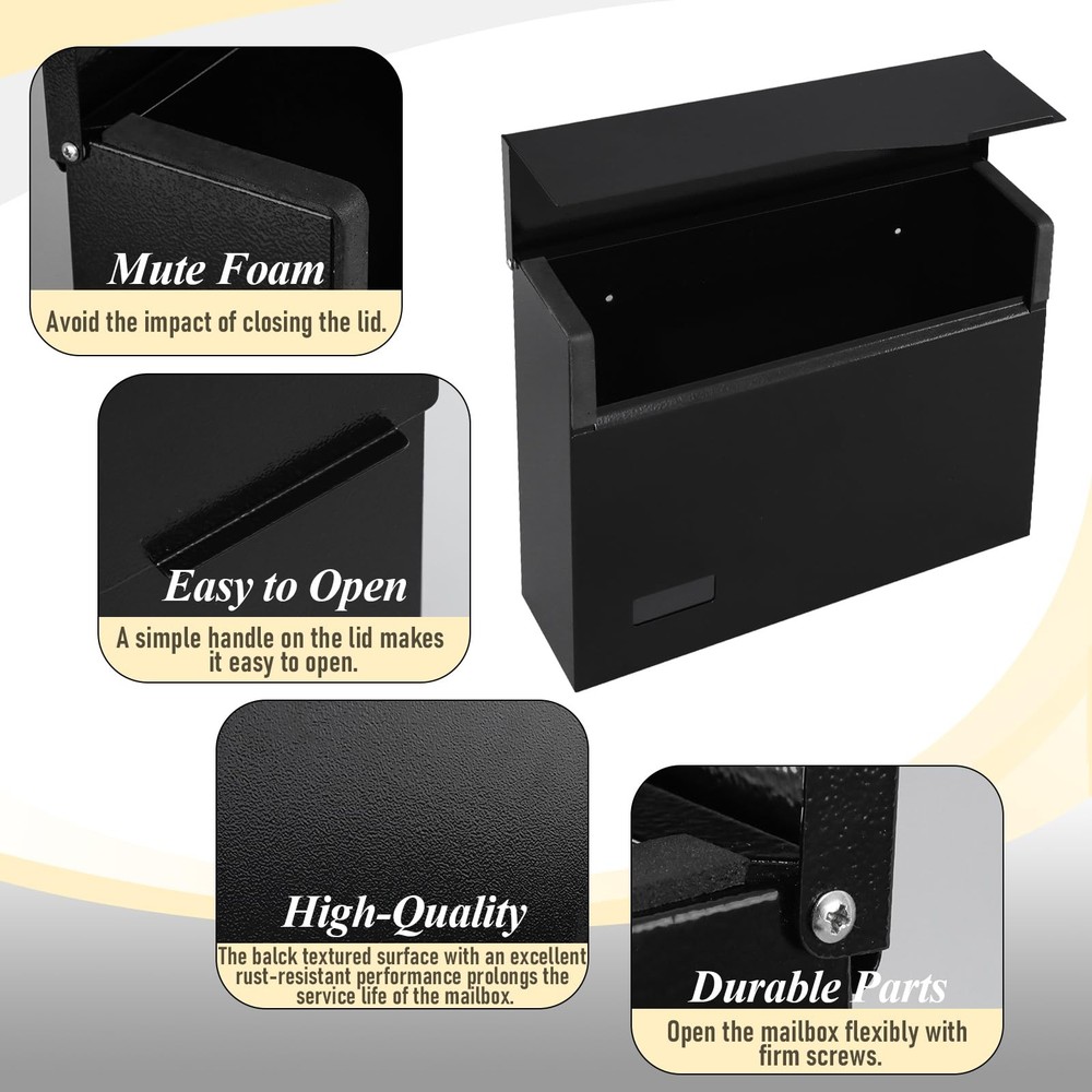 Mailbox Wall Mount Mailboxes for Outside, Large Capacity Steel Black