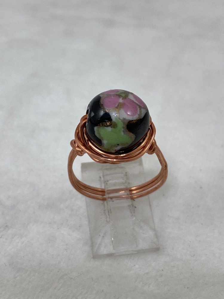 Handmade ~ Copper Wire Wrap ~ Glass Bead Ring 8 Size  #203