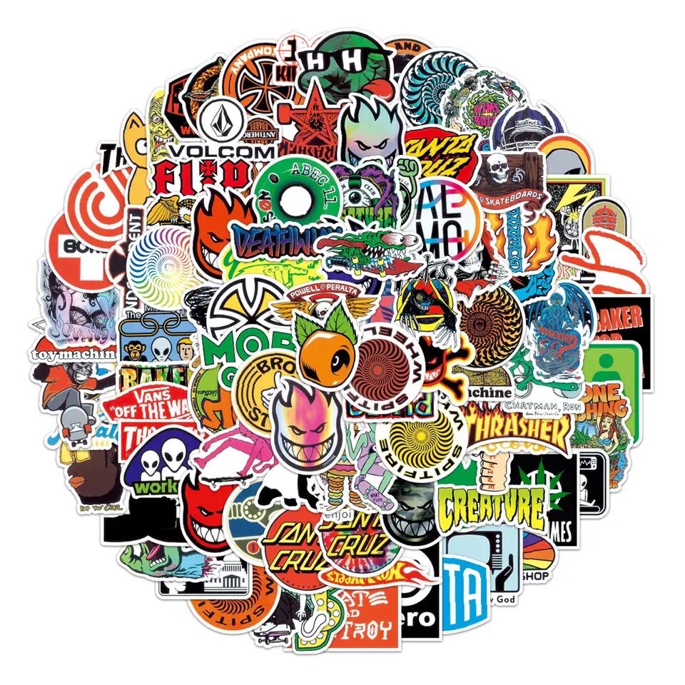 Skate Logo Brand Stickers 50pk Mix Santa Cruz Thrasher Baker Alien Skateboarding