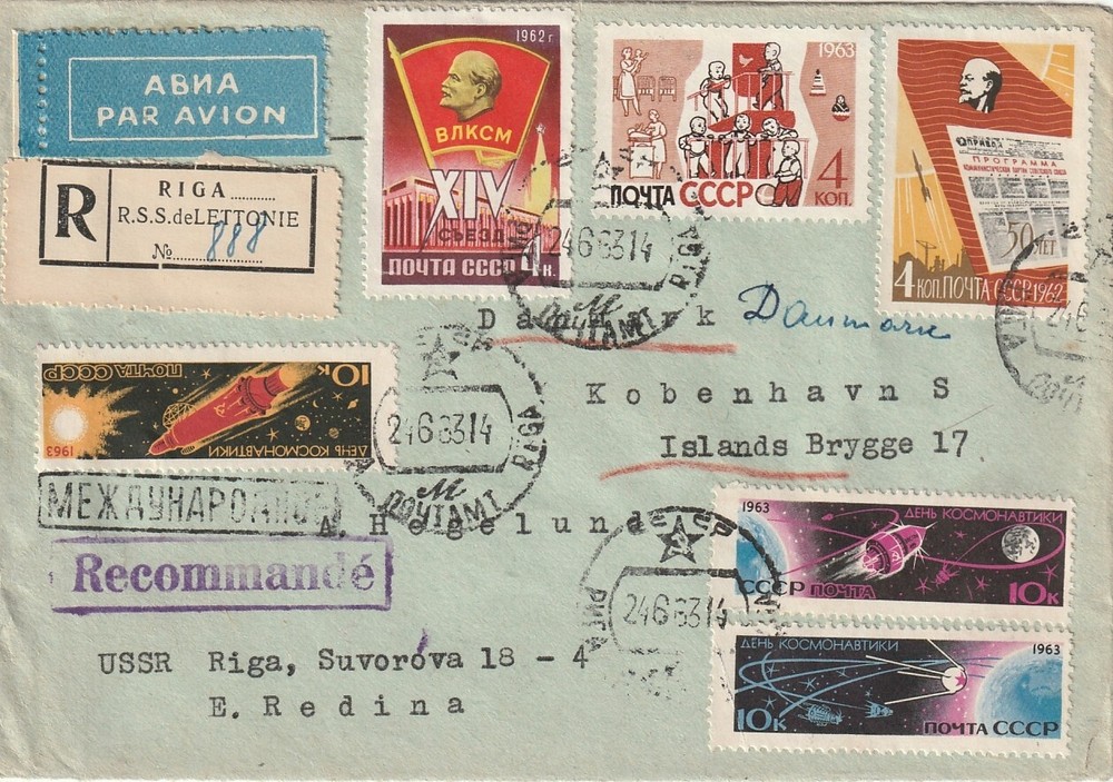 SOVJET UNION: Registered airmail cover Riga to Denmark 1963.