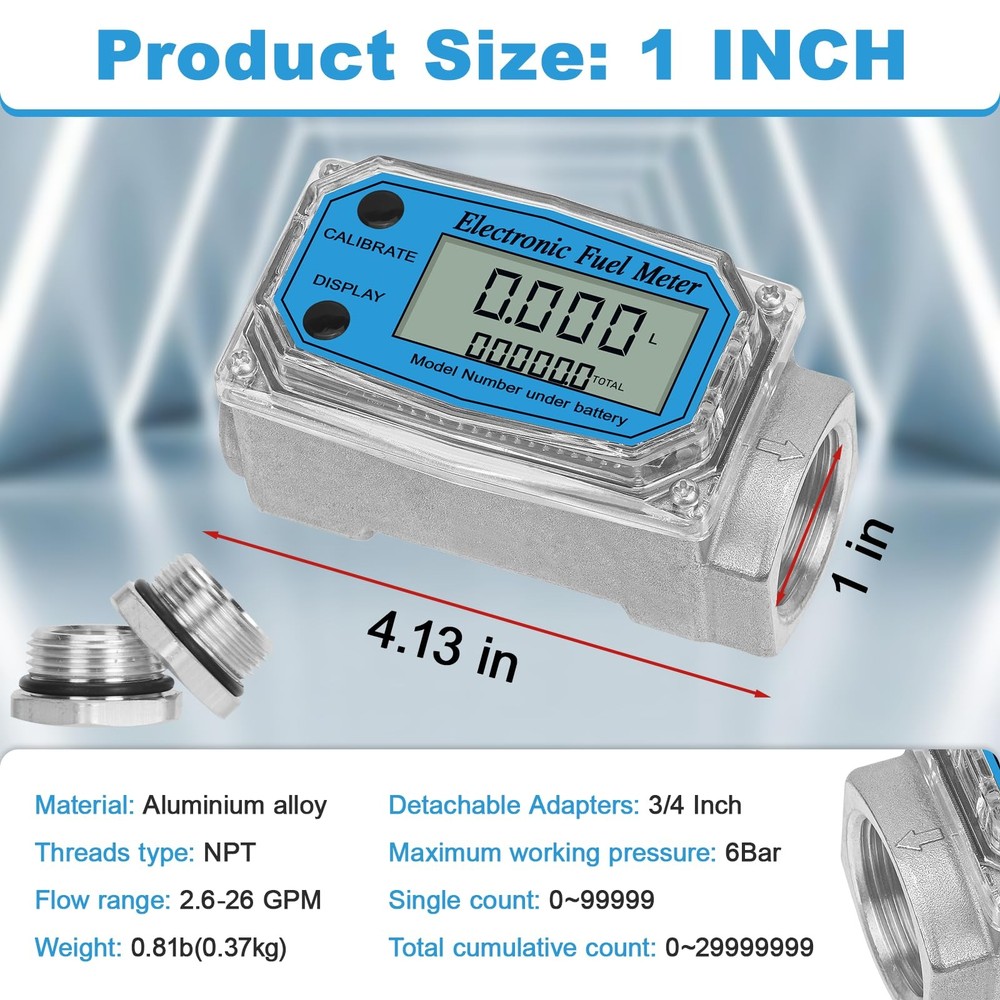 UwinVwin 1" 2.6-26 GPM Inline NPT Thread Flowmeter, Digital 1 inch & 3/4