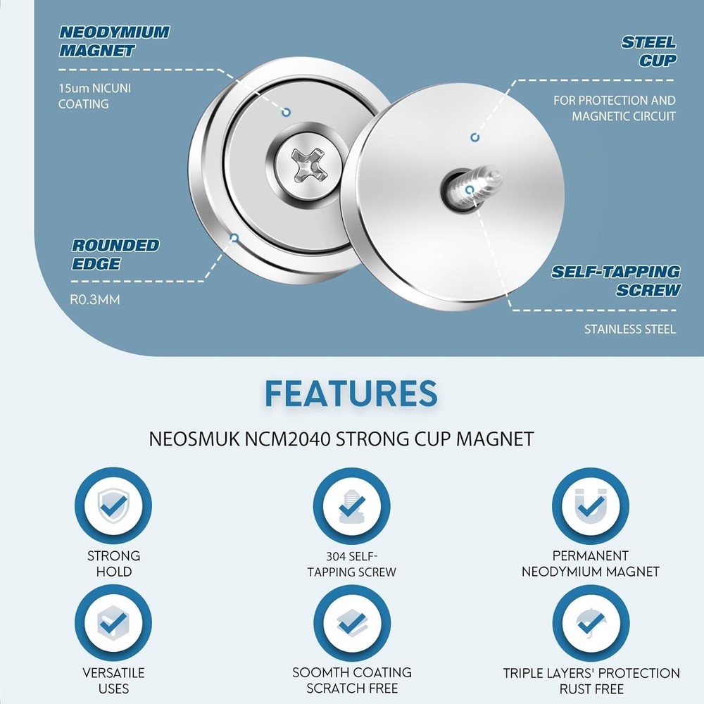 Strong Neodymium Mounting Magnets – 40lbs Pull Force with Screws, 6 Pack